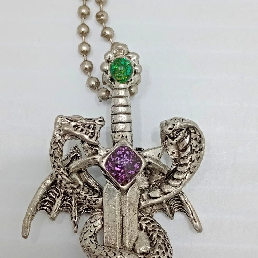 CCI Dragon Sword Pendant Necklace Gothic Fantasy Silver Tone 2 1/2 Inch
